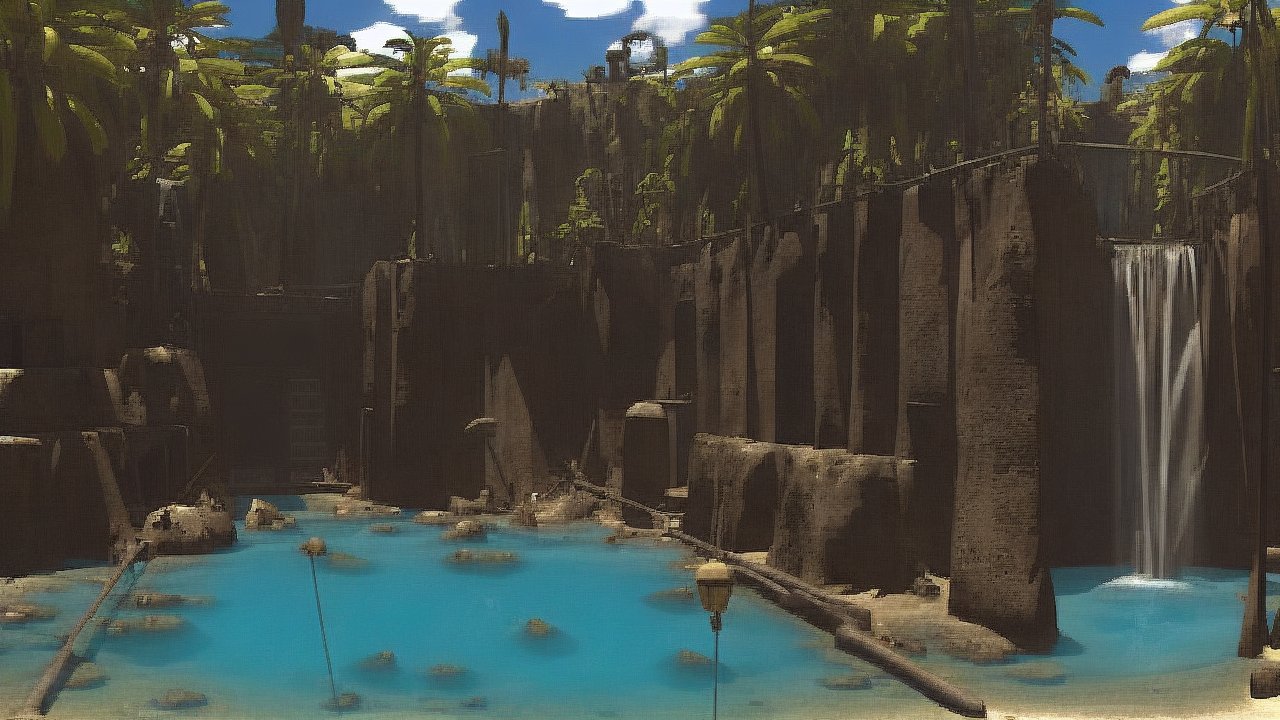 waterfalls, blue water, palms, briddges in p1xriven style